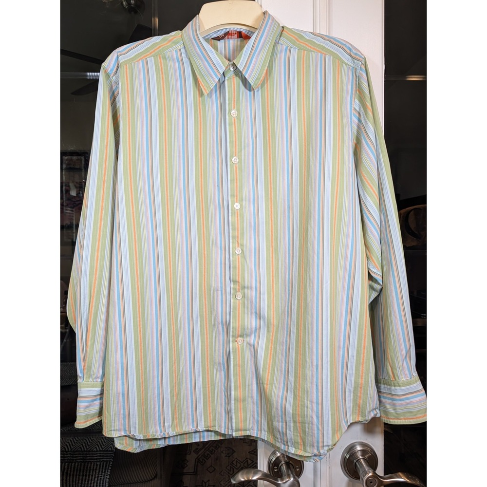 Nyne Button Up Long Sleeve Shirt Mens Size Lg Green Orange Blue Retro 70s Style